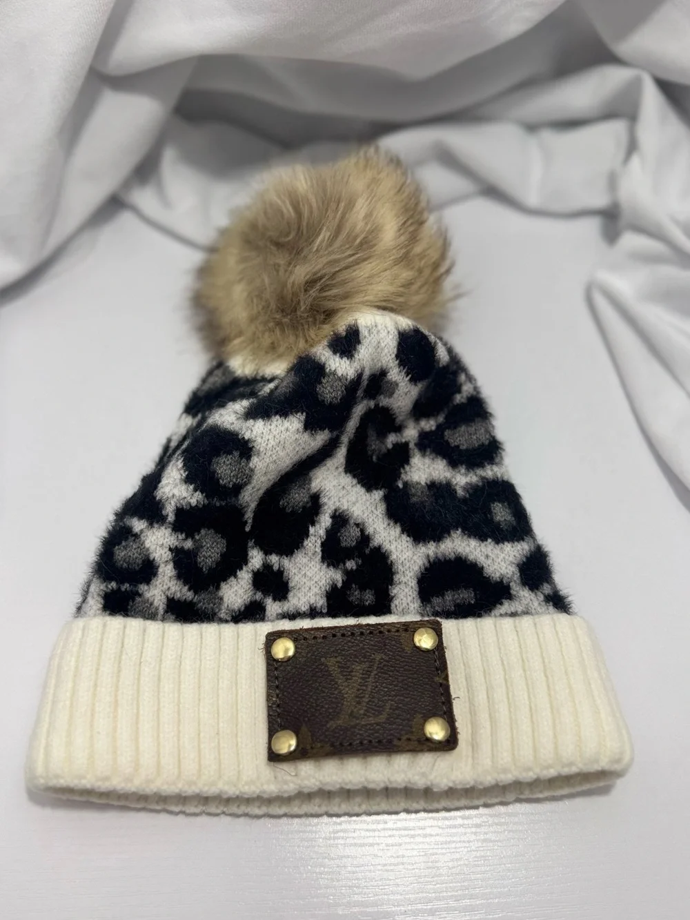 Monogrammed leather patch Black & White Leopard Knit Beanie with Cream Cuff